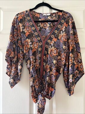 Tie-Front Floral V-Neck Blouse in Purple & Orange